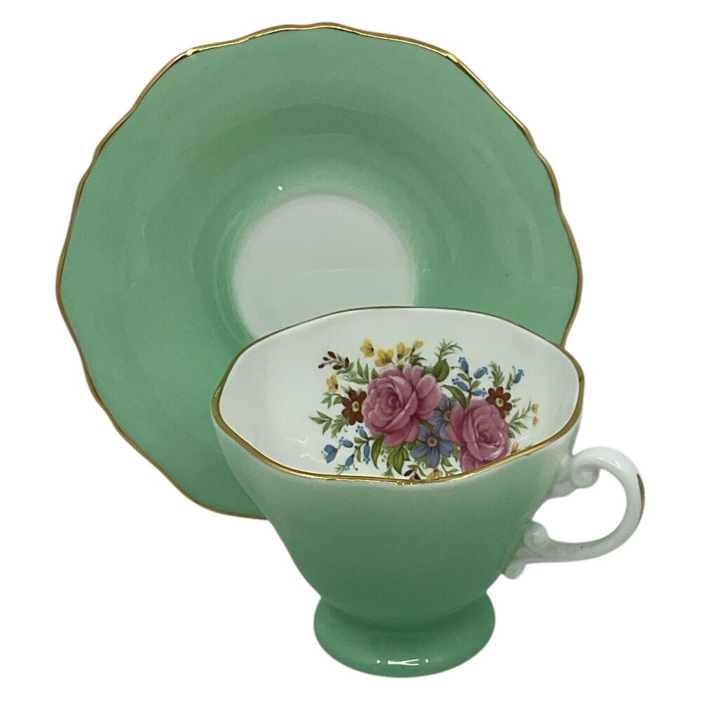 Mint Green Floral Crown Tea Cup and Saucer Staffordshire England Pink Roses